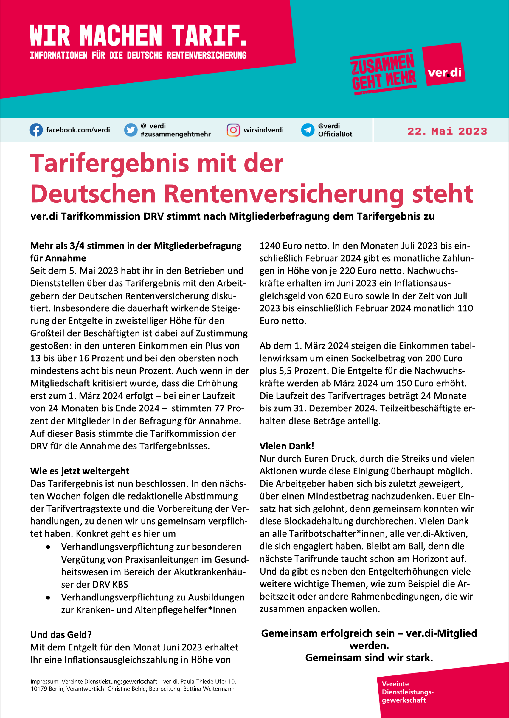 ver.di-Tarifinfo (22.05.2023): Tarifergebnis mit der Deutschen Rentenversicherung steht